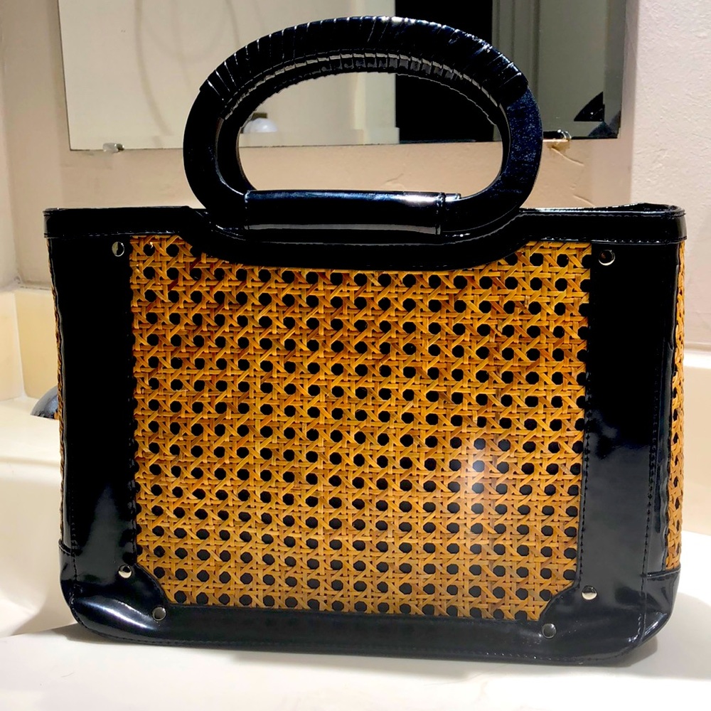 White House black market black patent wicker handbag